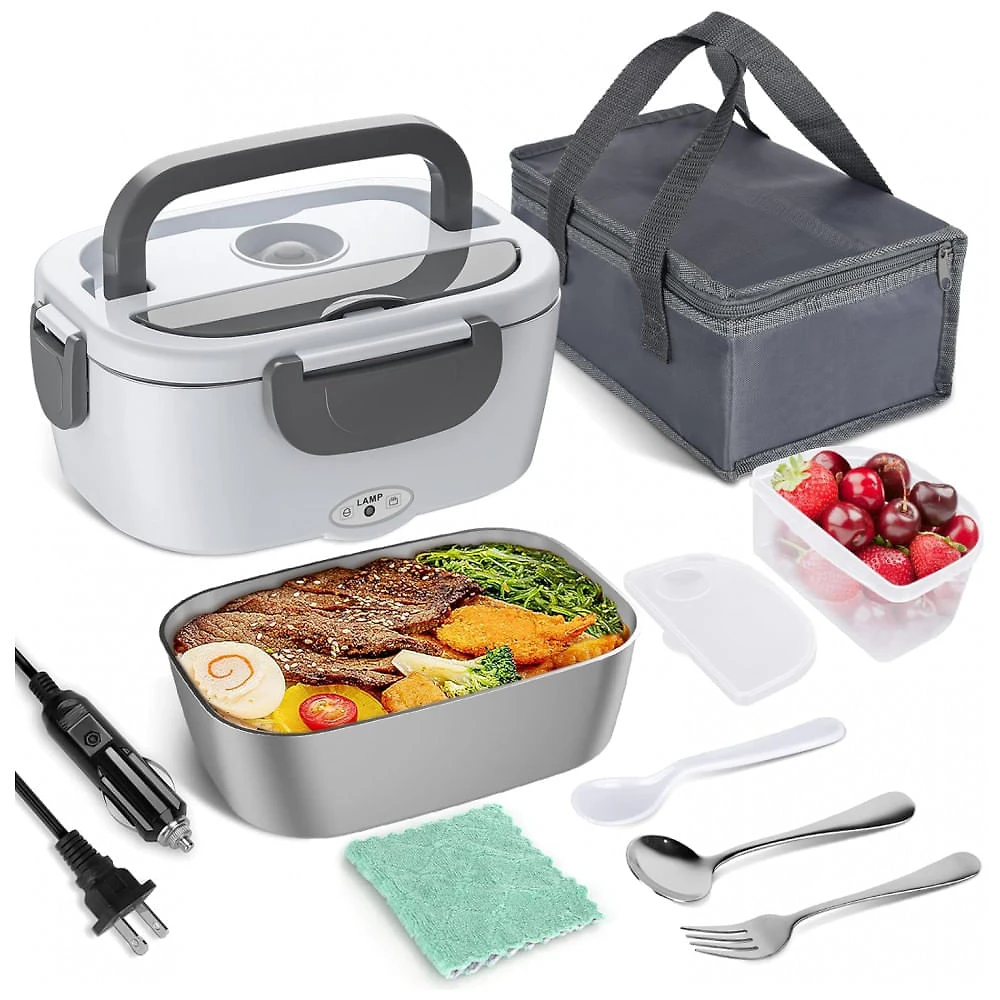 Marmita Elétrica Portátil 1,5L com Garfo, Colher e Bolsa para Transporte, 12V 1110V 60W, Vabaso, Cinza