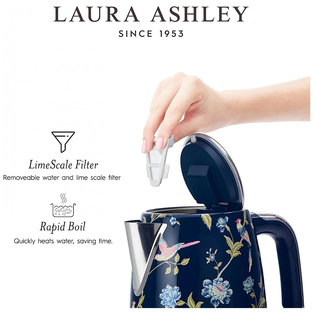 Chaleira elétrica inox 1,7L Laura Ashley azul marinho Elveden, fervura rápida 1500W com desligamento automático e proteção contra fervura a seco, 110V Chaleira elétrica inox 1,7L Laura Ashley azul marinho Elveden, fervura rápida 1500W com desligamento automático e proteção contra fervura a seco