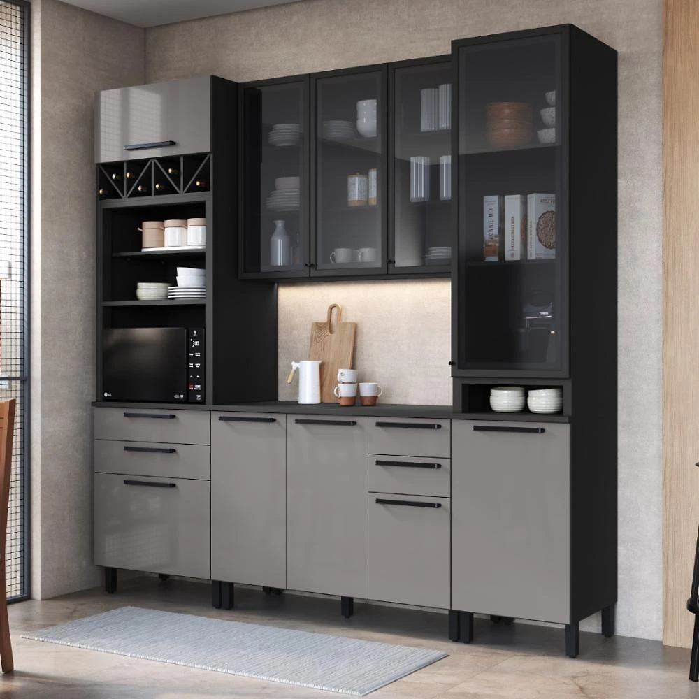 Cozinha Compacta Modulada Mônaco 8 Portas 6 Gavetas 240CM Chumbo Titânio Fidelita Móveis