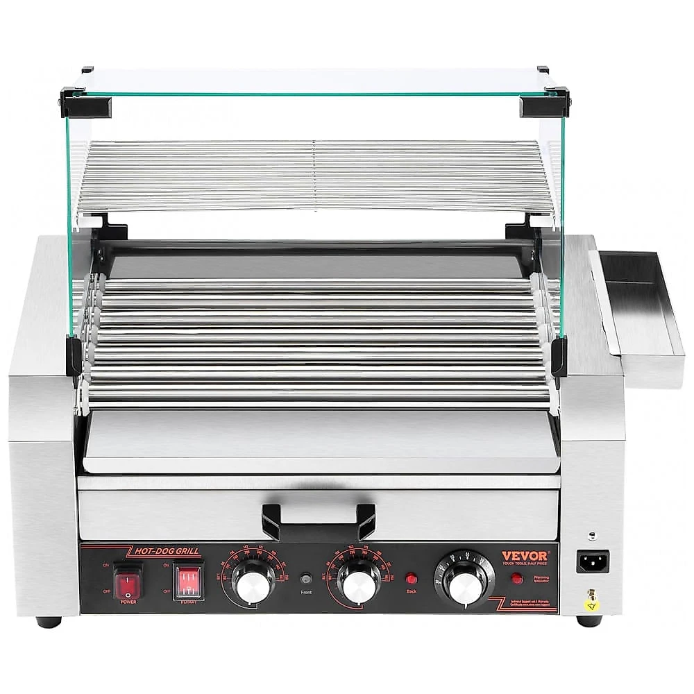 Máquina de Cachorro-Quente VEVOR, 18 Hot Dogs em 7 Rolos, Grill de Salsichas em Aço Inoxidável, 1200W com Aquecedor de Pães, Tampa,
