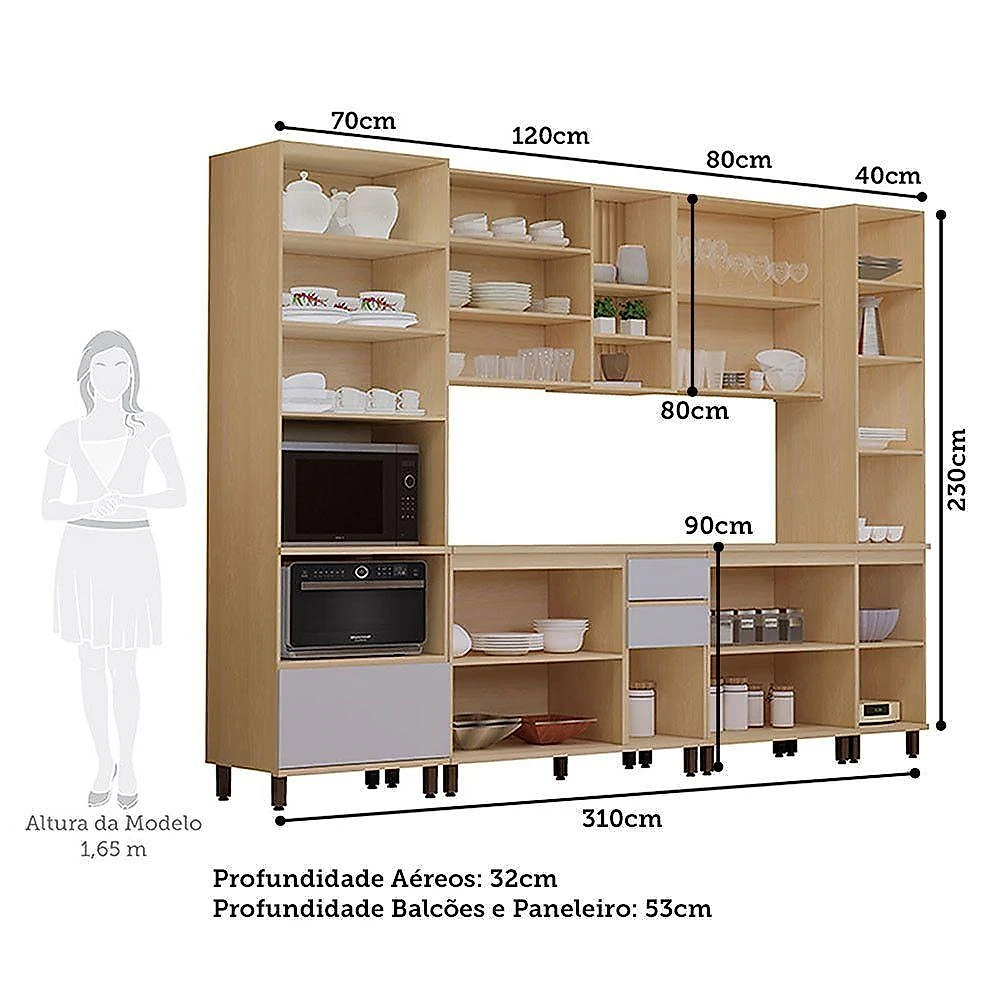 Cozinha Completa 14 Portas 2 Gavetas MDF 310CM Carvalho e Cinza Cristal Aura