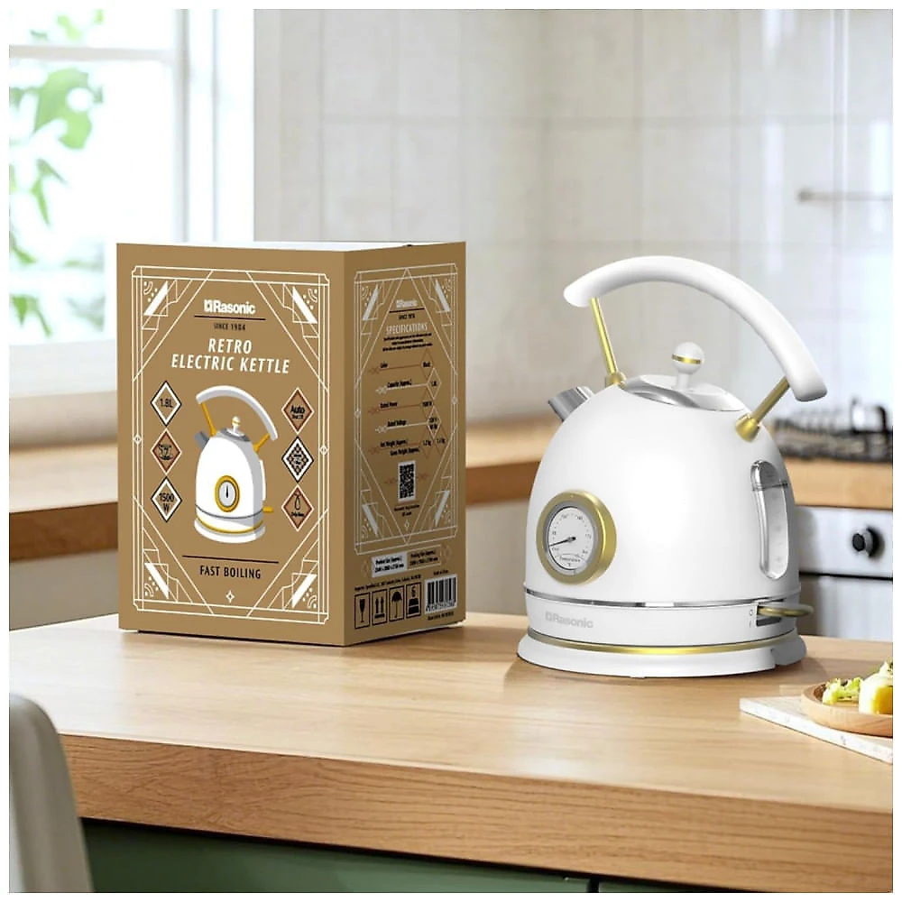 Chaleira Elétrica Rasonic Retrô 1,8L Aço Inox - 1500W, Silenciosa, Termômetro, Desligamento Automático