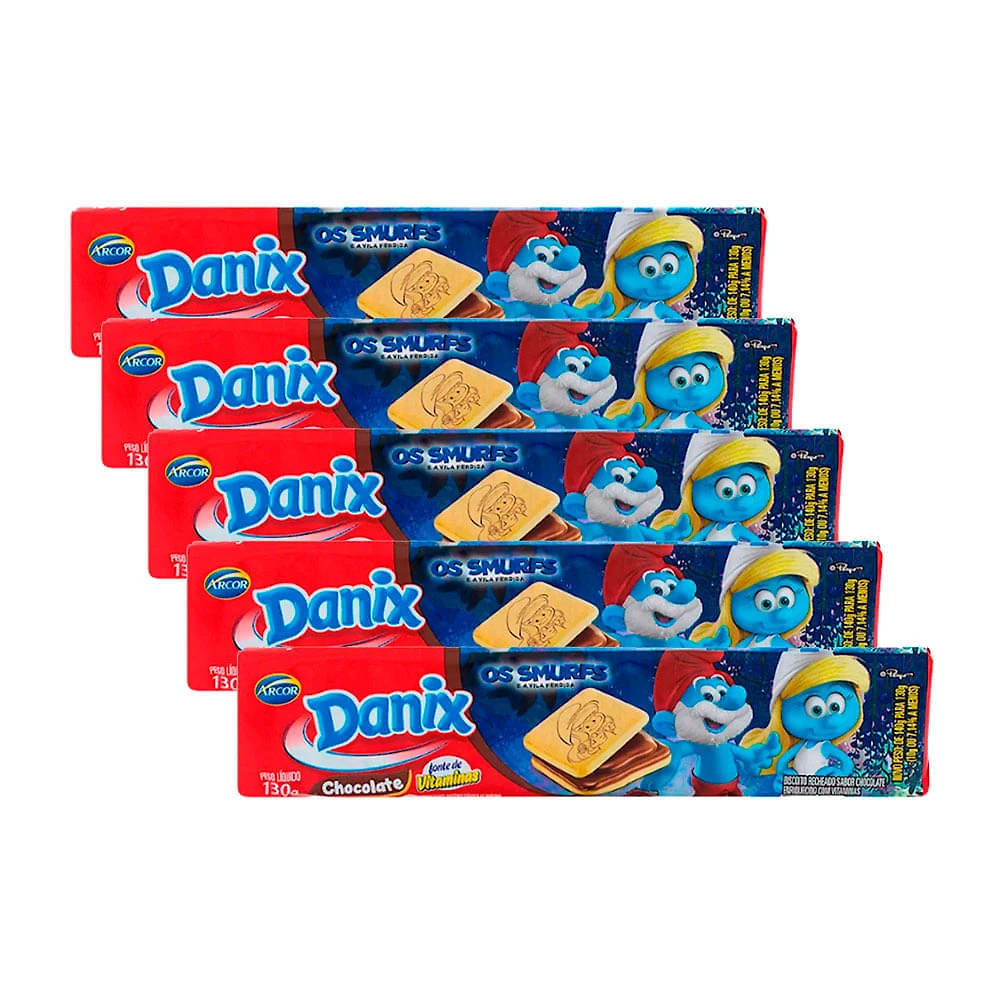 Kit 5 Biscoito Recheado Danix Smurfs Sabor Chocolate 130g