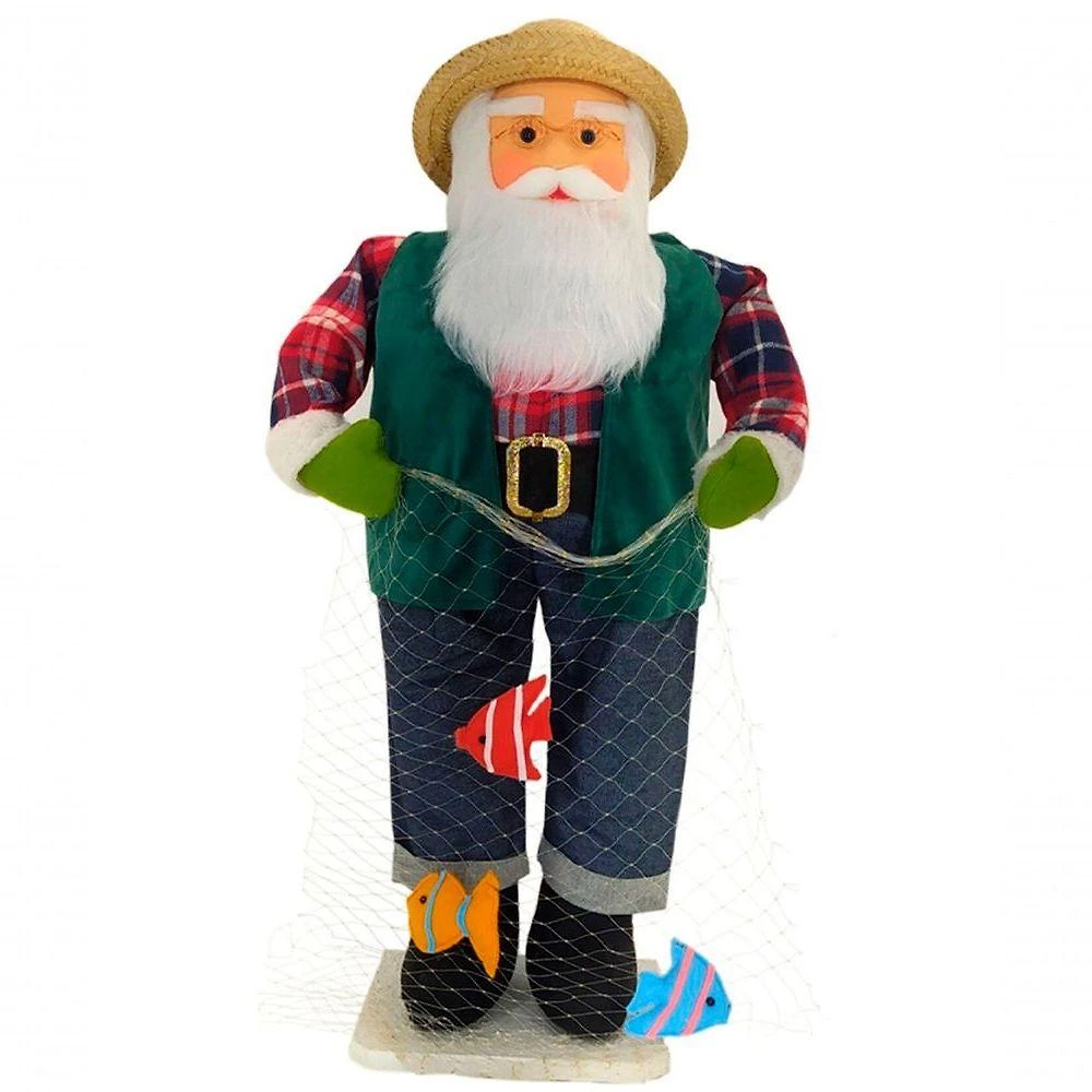 Boneco Natalino Papai Noel Pescador Pesca Rede Peixe De 83cm