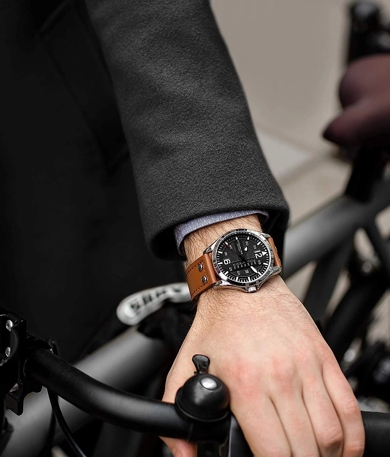 Relogio Stuhrling Original Homem Couro Aviador Couro com Rebites de Aço Esport Class