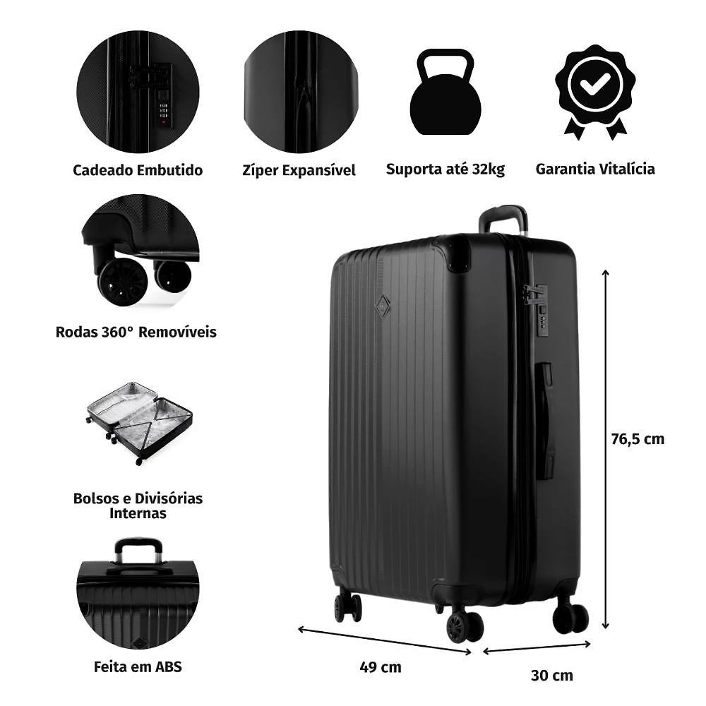 Mala de viagem grande 32kg abs 4 rodas turquia ii champagne