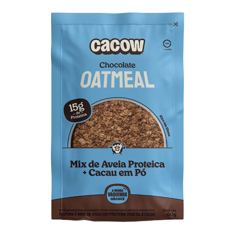 Mix de Aveia Proteica CaCow Oatmeal Chocolate Cacau em Pó com 15g de Proteína 60g