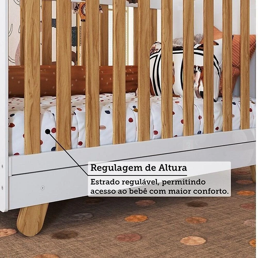 Quarto de Bebê com Cômoda 4 Gavetas e Berço 4 em 1 Minicama 100% Mdf Mike Espresso Móveis Branco Brilho/Amêndoa