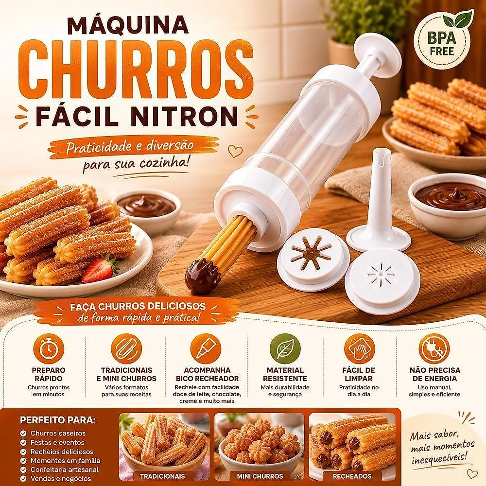 Máquina de Churros Fácil Manual Plástico Resistente com Bico Recheador para Mini e Tradicionais