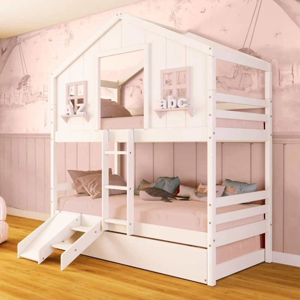 Treliche Casinha Dos Sonhos Com Kit Escada/ Escorregador Madeira Maciça Branco/ Rosa Megamobilia