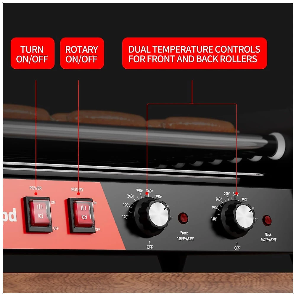 Máquina de Salsicha e Hot Dog Awgpd Grill, 5 rolos, capacidade para 12 hot dogs, 750W, controle de temperatura duplo, tampa de vidro, prateleira