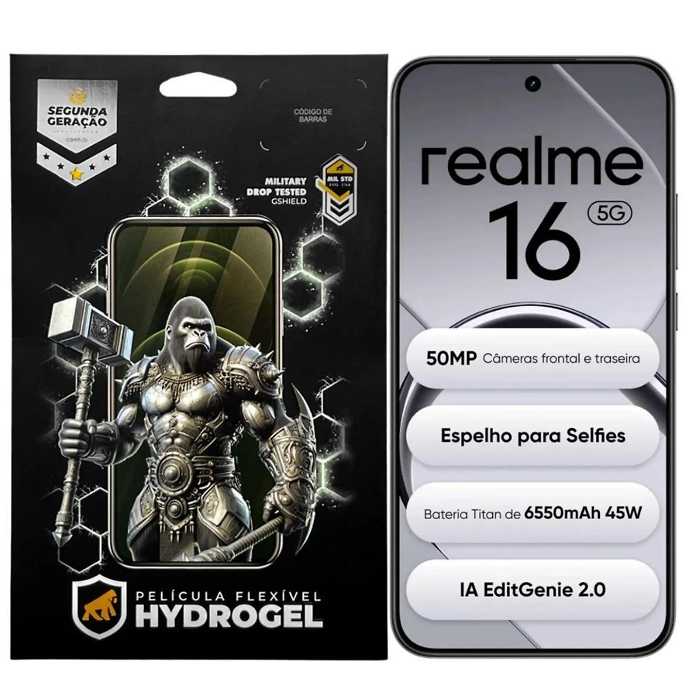 Película Gshield Realme 16 5G Hydrogel HD 97% Transparência Kit Instalação 1x Película Protetora