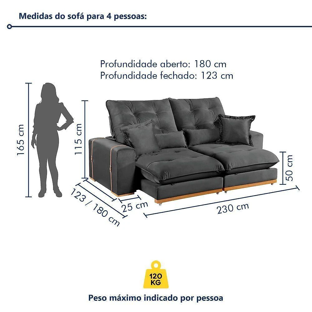 Sofá Milano 3 Lugares Retrátil e Reclinável Cinza Veludo 230CM