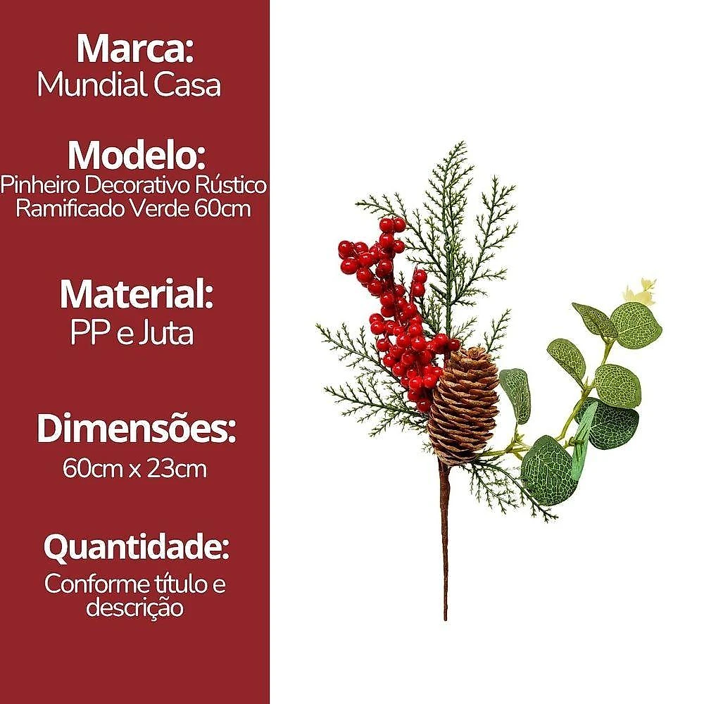 Pick Natalino Decorativo Azevinho com Pinha Nevada Visual Clássico Verde Bela Flor 16CM