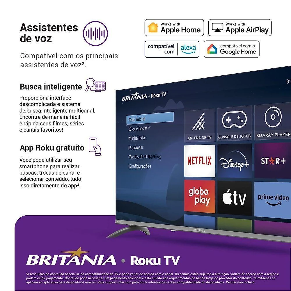 Smart TV Britânia B43CRA 43 Full HD DLED Roku HDR10 Cinza Bivolt