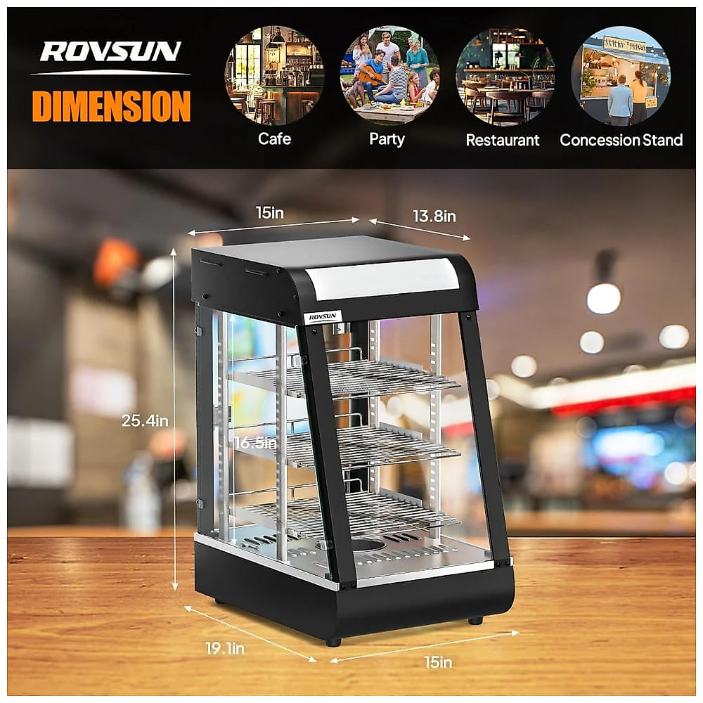 Expositor Aquecedor de Alimentos ROVSUN Preto 3 Níveis 38 cm com Prateleiras Ajustáveis Removíveis LED e Porta de Vidro, 110V.