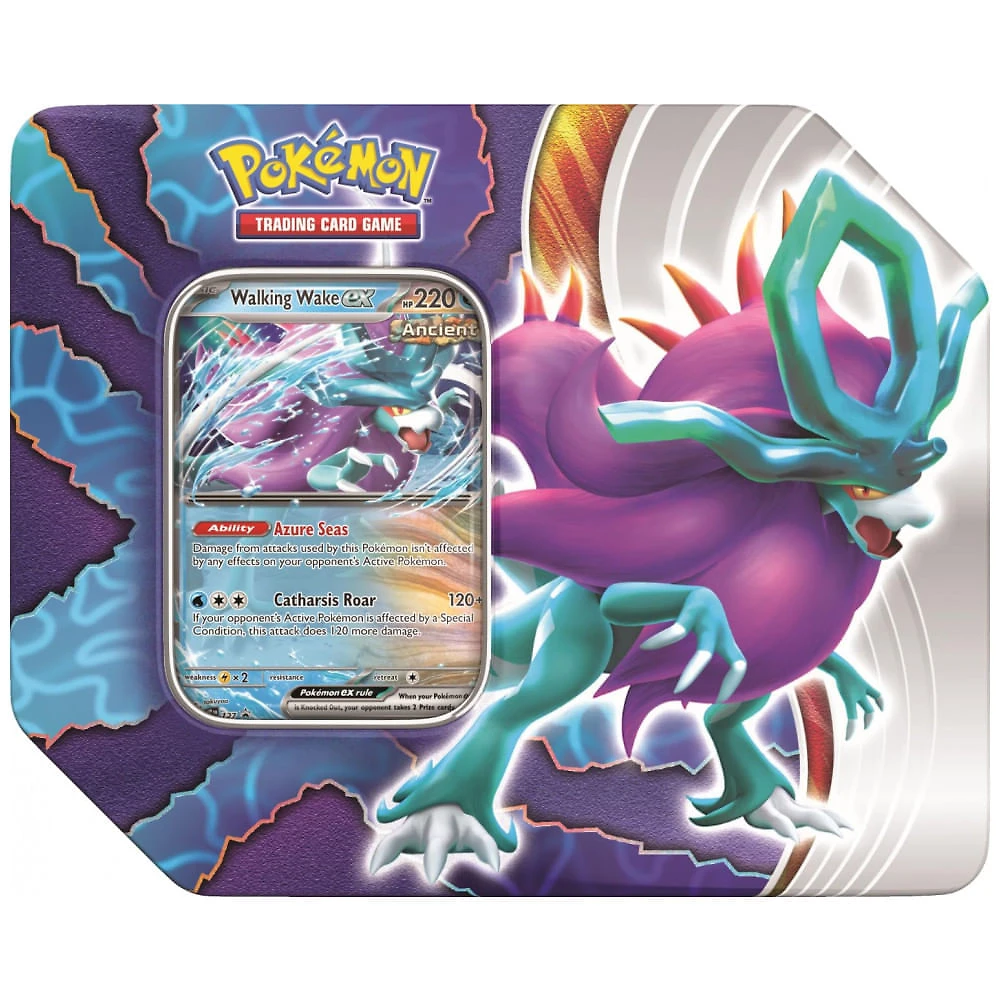 Lata de cartas Pokémon TCG Paradox Clash The Pokémon Company multicolorida com Walking Wake EX ou Iron Leaves EX - Cartas Exclusivas e 5 Boosters