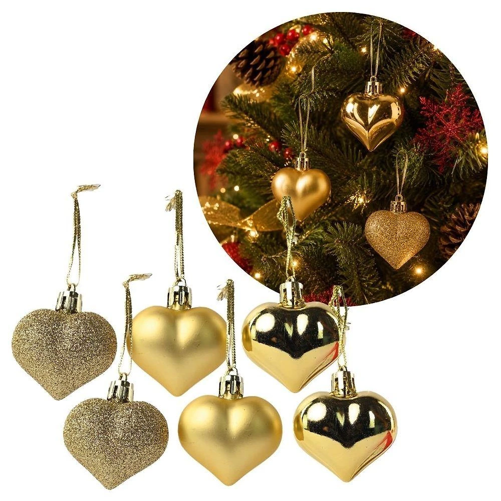 Kit 6 Pingentes Coração Natalinos Dourado Glitter Fosco e Brilho Yangzi