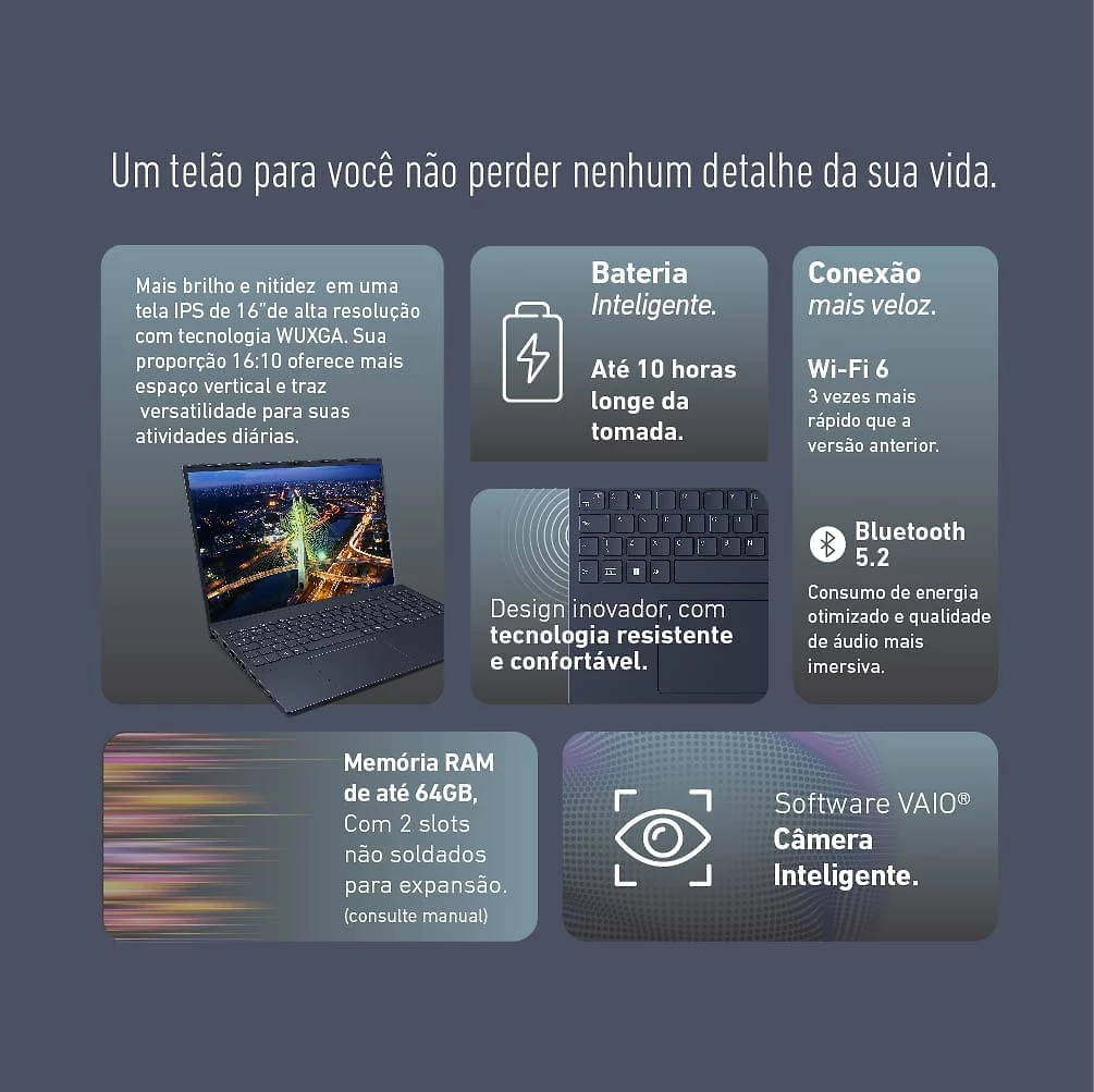 Miniatura Notebook VAIO FE16 AMD® Ryzen 5-5625U Linux 8GB RAM 256GB SSD 16" IPS WUXGA Antirreflexo - Cinza Grafite