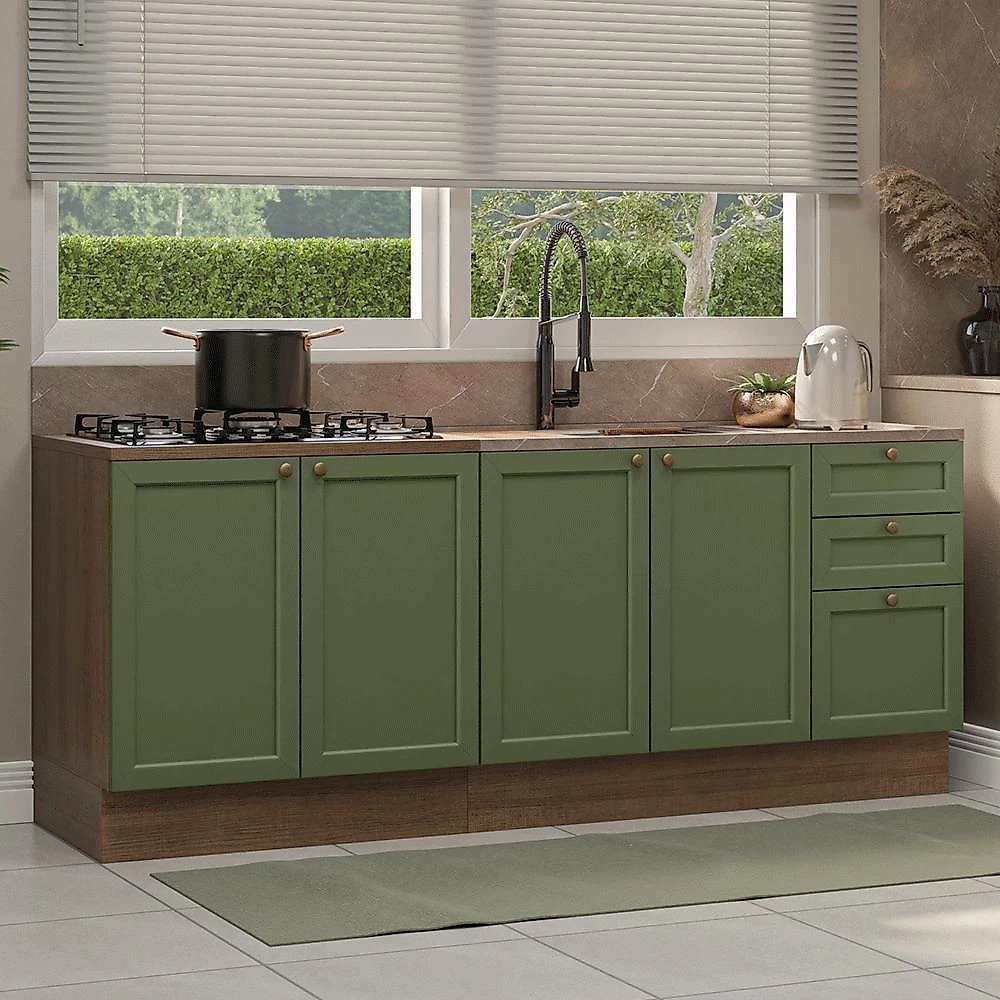 Kit com 2 balcões de cozinha 3 gavetas 4 portas (sem tampo e pia) rustic/verde vik madesa 01