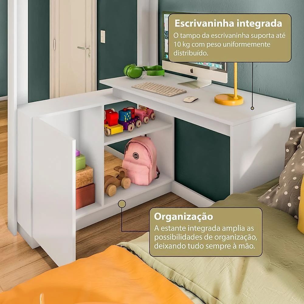 Beliche em l Solteiro com Escrivaninha para Colchão 88x188cm Branco Multimóveis