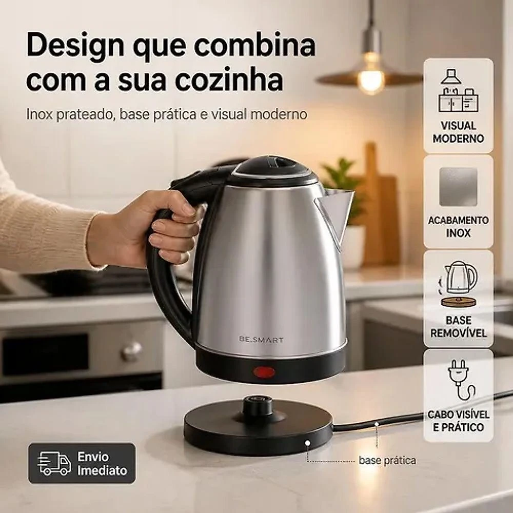 Chaleira Elétrica Be Smart Be Smart 1,8L Aço Inox 220V com Desligamento Automático e Base Rotativa