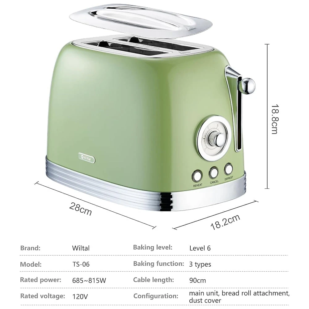 Torradeira 2 Fatias Vintage com Tampa de Aço Inoxidável, Acessório para Pão, 6 Níveis de Tostagem e Funções de Pré-aquecimento, 110V 815W, Wiltal 110v