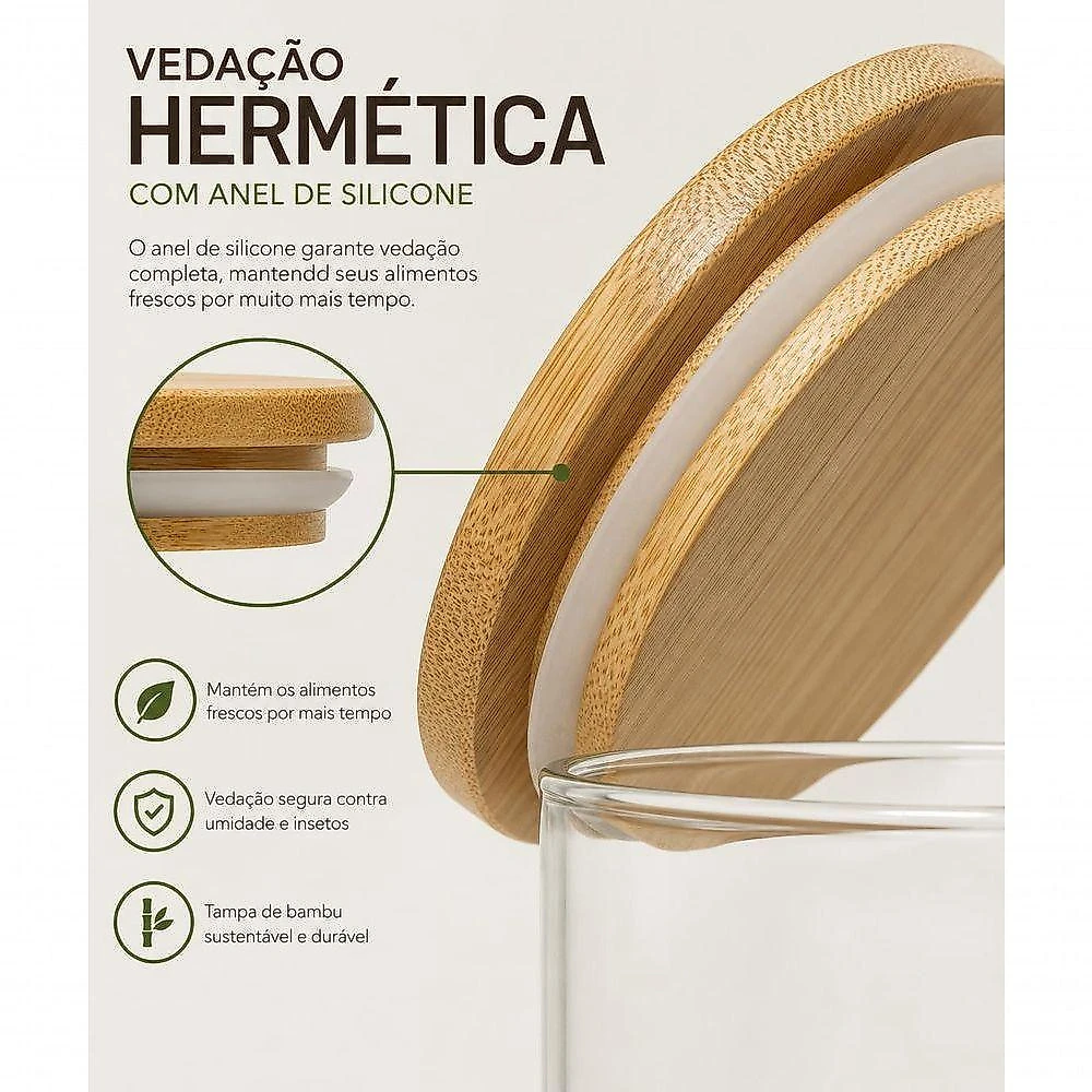 Kit 4 Potes Herméticos de Vidro 450ml com Tampa de Bambu Cilíndrico Redondo Silicone