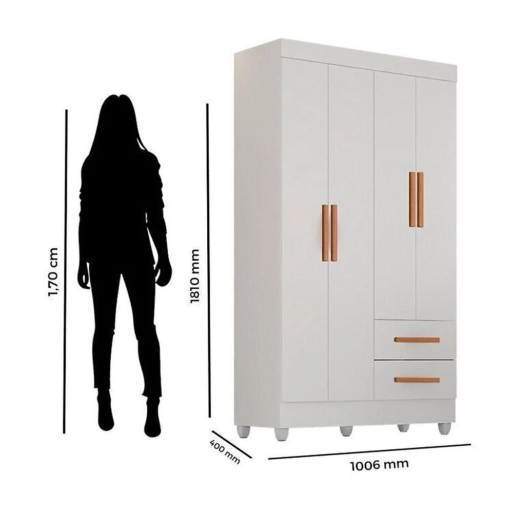 Quarto Bebê Infantil com Guarda-roupa 4 Portas e 2 Gavetas com Cômoda 4 Gavetas e 2 Portas Lite Branco