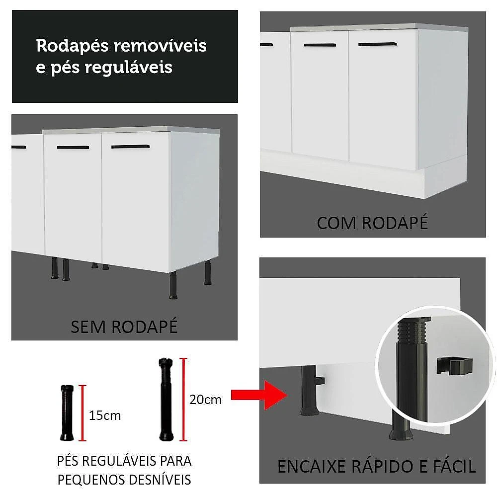 Balcão de pia cozinha 150 cm 2 portas e 2 gavetas (com tampo) branco agata madesa