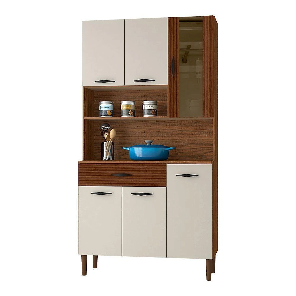 Armário De Cozinha Compacta 6 Portas E 1 Gaveta 90 Cm Gold Ripado Nogueira-off White - Pallazio