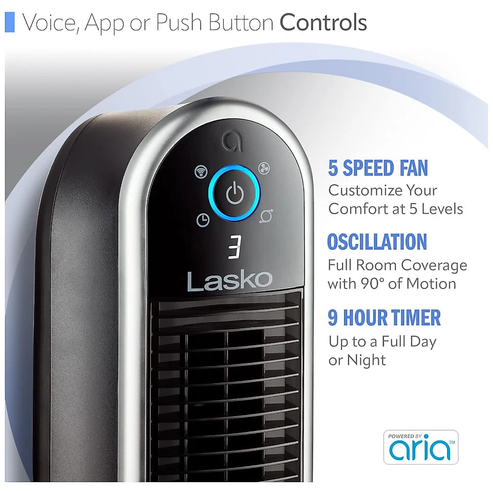 Ventilador de Torre Oscilante Inteligente Conectado por Wi Fi e Voz, 5 Velocidades, 110V, Lasko