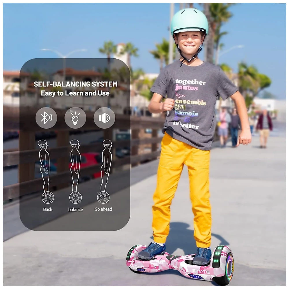 Hoverboard SIMATE, Bluetooth com Luzes de LED e Controle de APP, Presente para Crianças e Adultos, para Todas as Idades - Rosa Camuflagem