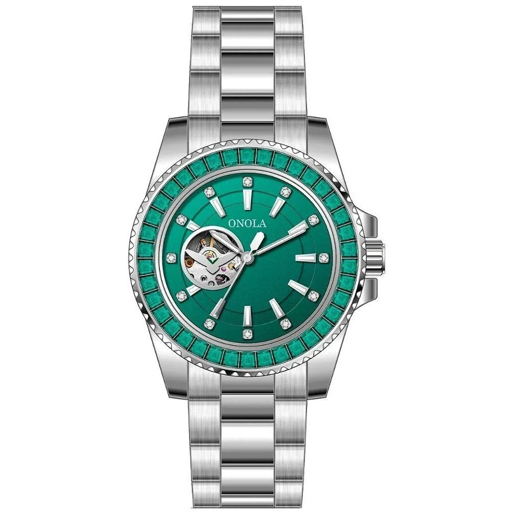 Relógio Clássico 2026 Automático Mecânico com Aro de Diamantes Verde Aço Inox
