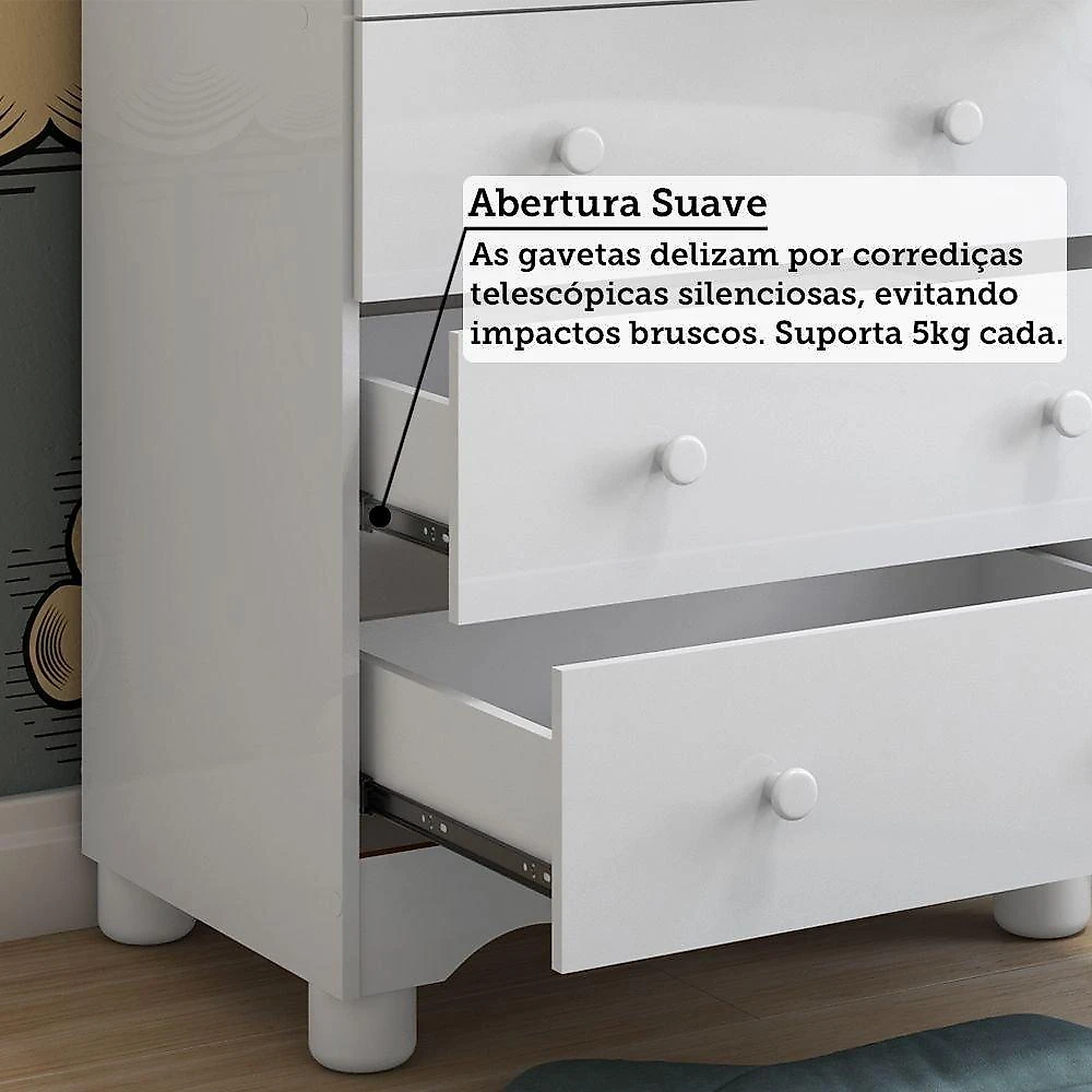 Quarto Infantil com Guarda Roupas 3 Portas e Cômoda com Janelas 100% Mdf Lana Espresso Móveis Branco Brilho