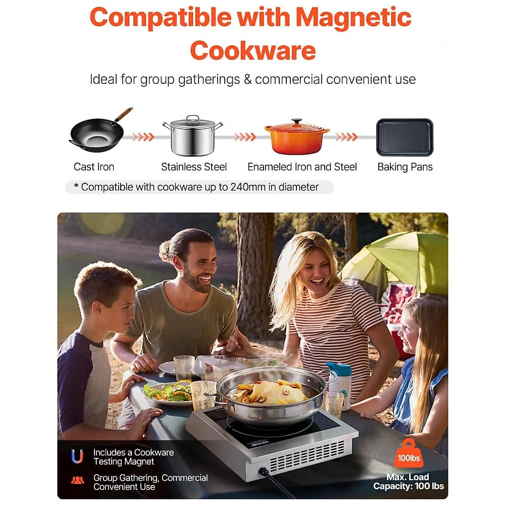 Cooktop de Indução Portátil VEVOR K1004 Preto 1800W 9 Níveis Timer 3H Trava de Segurança 110V