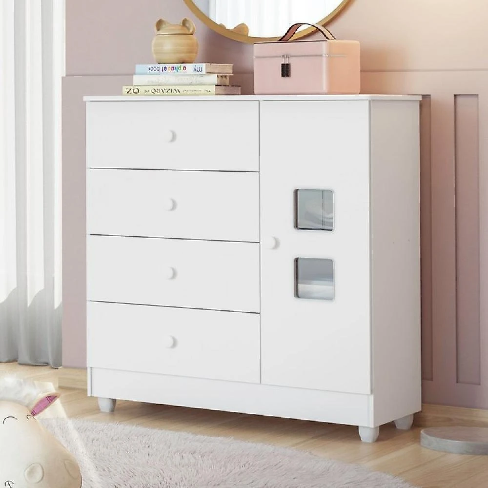 Quarto de Bebê com Berço com Suporte, Cômoda 1 Porta 4 Gavetas Life e Roupeiro 3 Portas 2 Gavetas Branco