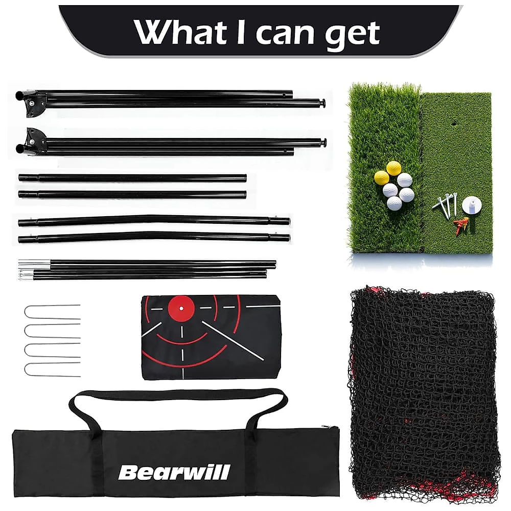 Rede de Treino de Golfe Bearwill 3x2m com Tapete, Alvo, 8 Tees, 6 Bolas e Bolsa - Completo para Prática e Transporte.