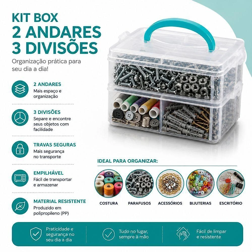 Maleta Multiuso KIT BOX PLASNORTHON 2 Andares 3 Divisões em Polipropileno com Travas Organizador