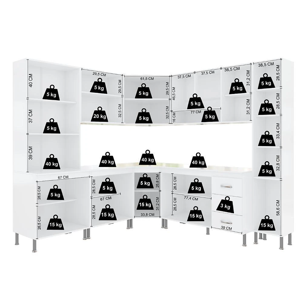 Armário de Cozinha Modulada Completa de Canto Viena 18 Portas 3 Gavetas MDF-MDP Branco Fidelita webcontinental-7899208769580