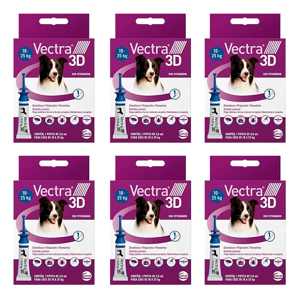 Kit Antipulgas e Carrapatos Ceva Vectra 3D para Cães de 10 a 25 Kg 3,6 mL - 6 Unidades
