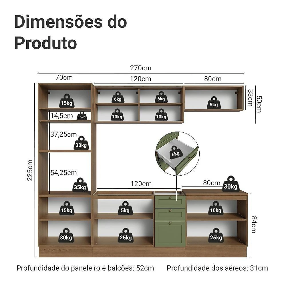 Armário De Cozinha Completa 270 Cm Rustic/verde Vik Madesa 02 Rustic/verde