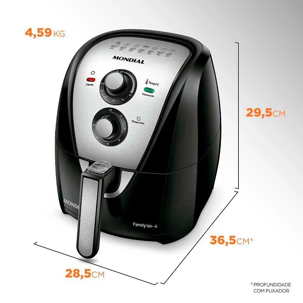 Fritadeira Elétrica Air Fryer c/4 Lts Mondial Preta/Inox