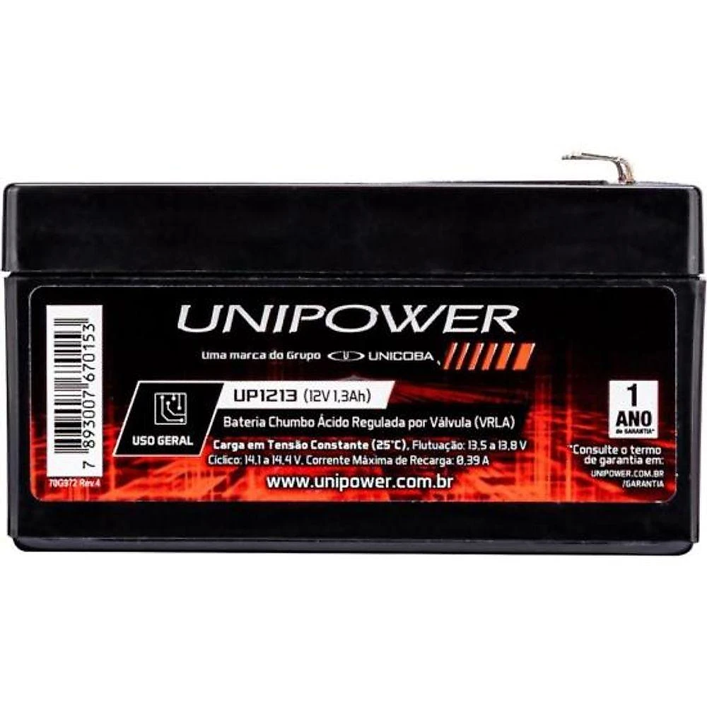 Bateria Selada UP1213 12V 1,3Ah para Alarme e Nobreak Chumbo-Cálcio Unipower