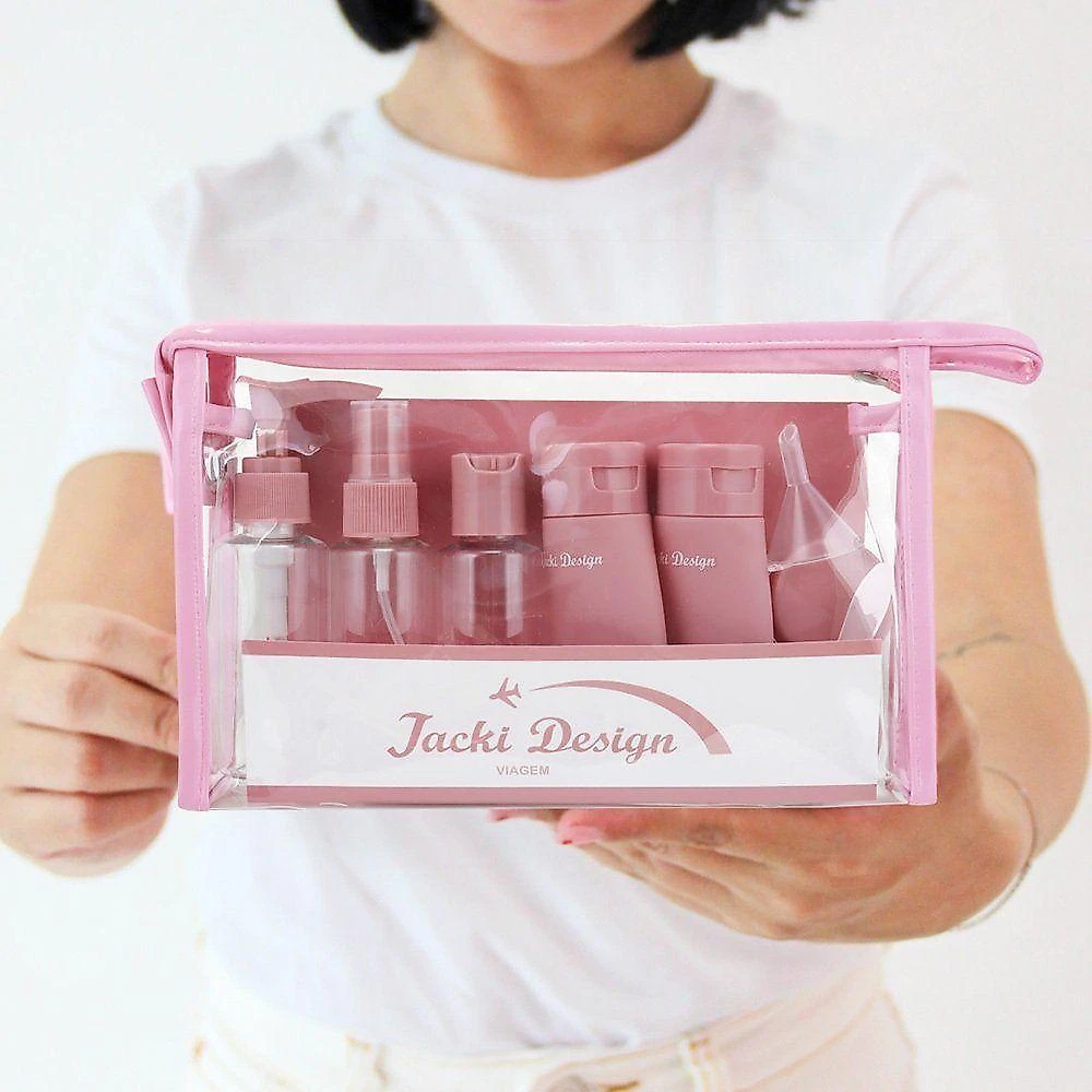 Kit Necessaire Transparente Com Frascos – Ideal Para Viagens E Bagagem De Mão - Rosa
