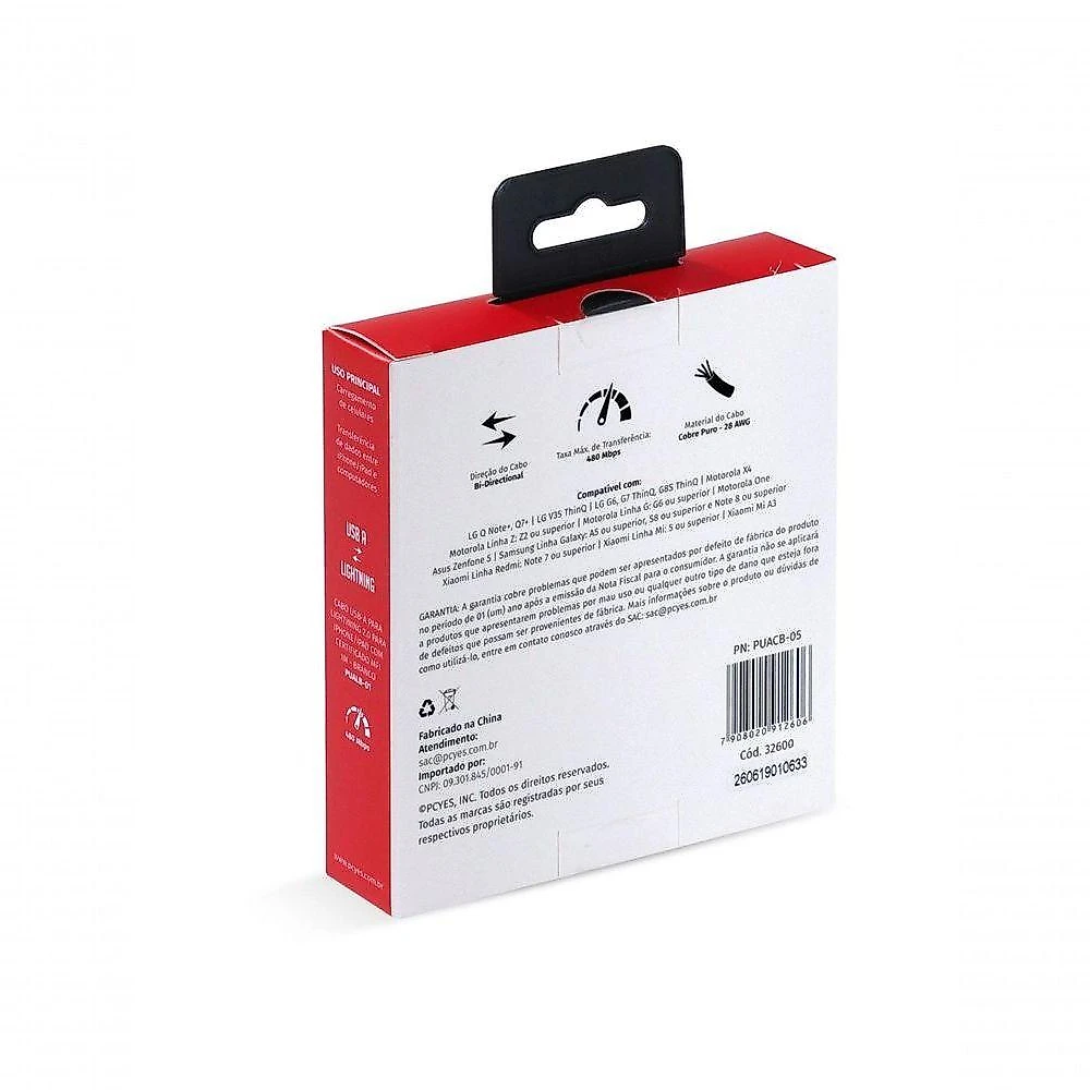 Cabo USB Pcyes PUACB-05 para Smartphone USB a 2.0 para USB Tipo C 480 MBPS Branco 0,5 METRO