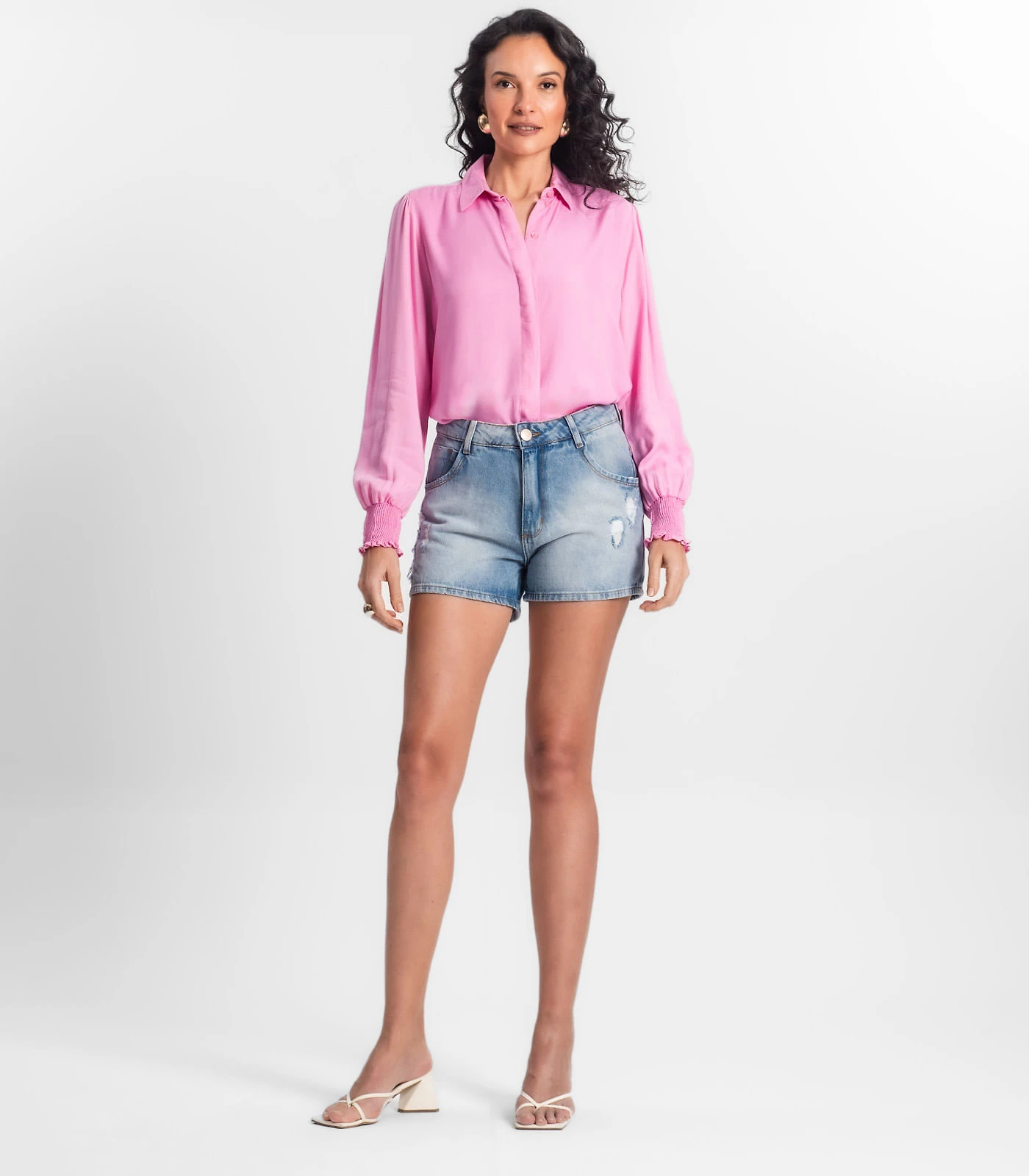 Miniatura Camisa Feminina Manga Longa Punho Lastex Select Rosa G