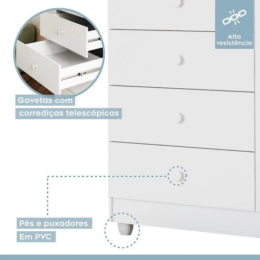 Quarto de Bebê com Berço com Suporte, Cômoda 1 Porta 4 Gavetas Life e Roupeiro 3 Portas 2 Gavetas Branco