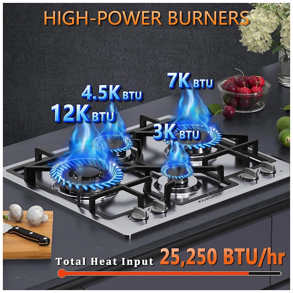 Cooktop a gás de embutir 58 cm Kadorer inox 4 queimadores dupla alimentação GN/GLP proteção termopar acendimento 120V