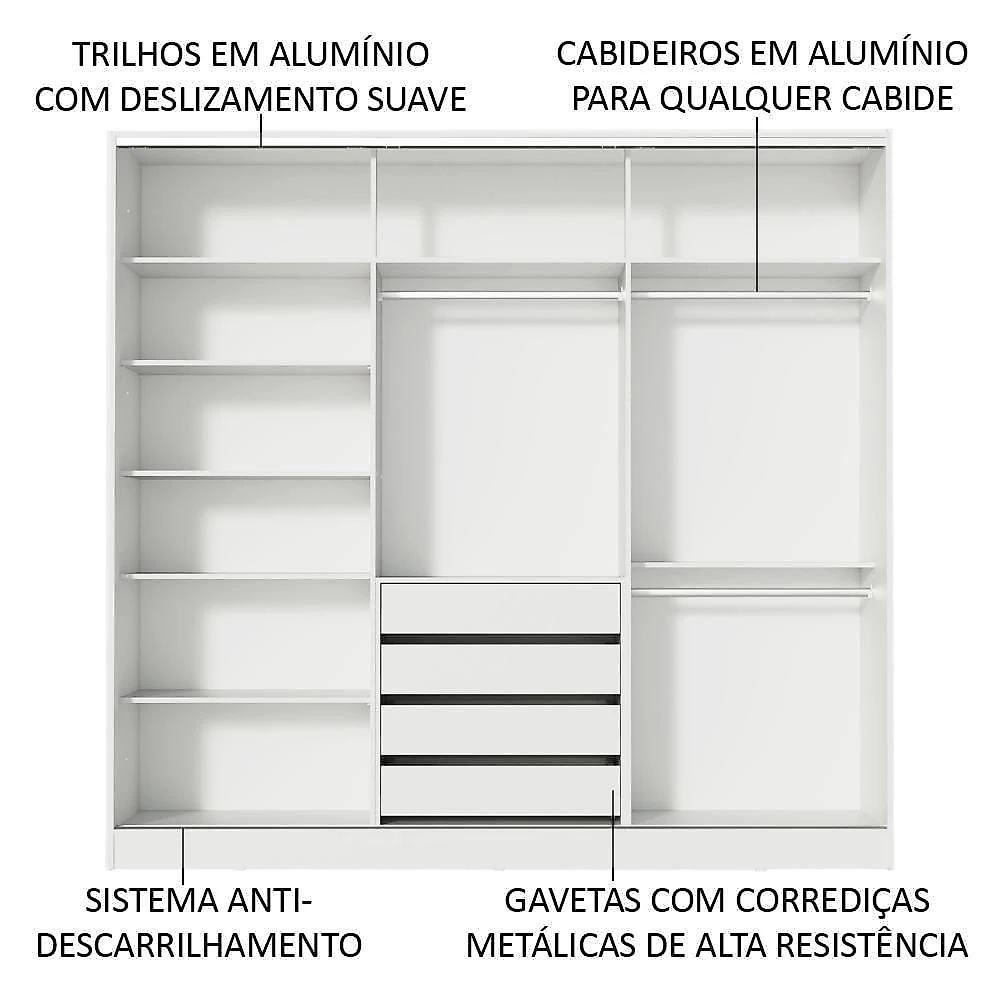 Guarda Roupa Casal 100% MDF Zurique 3 Porta de Correr Madesa